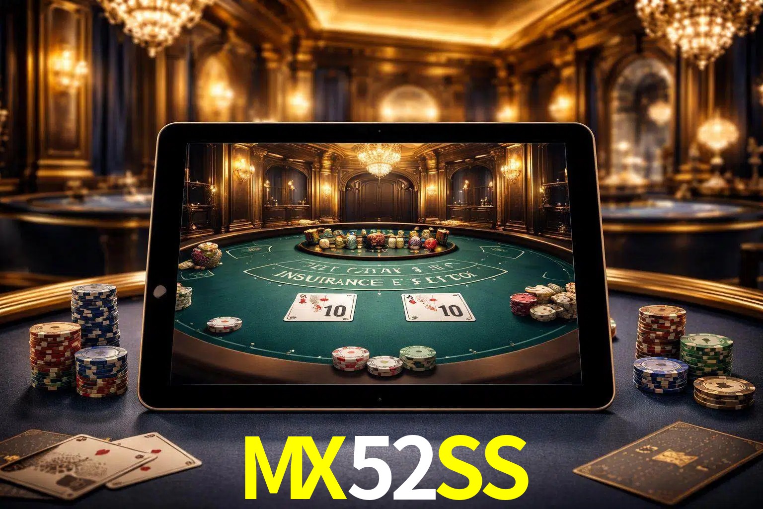 Configuración moderna de casino en vivo con una tableta mostrando una mesa de blackjack, luces cálidas de estudio y una atmósfera elegante de juegos digitales.