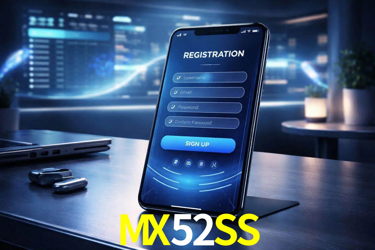 Una interfaz moderna de registro móvil para MX52SS mostrada en un smartphone con un panel de apuestas elegante.